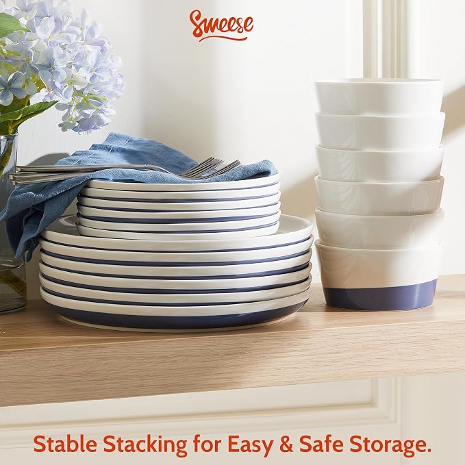 Sweese 18 Pieces Porcelain Dinnerware Set, Modern Dish Set for 6, Hand Painted Kitchen Plates and Bowls Sets, Scratch Resistant Dishware Sets, Dishwasher & Microwave & Oven Safe Dinner Set, Blue