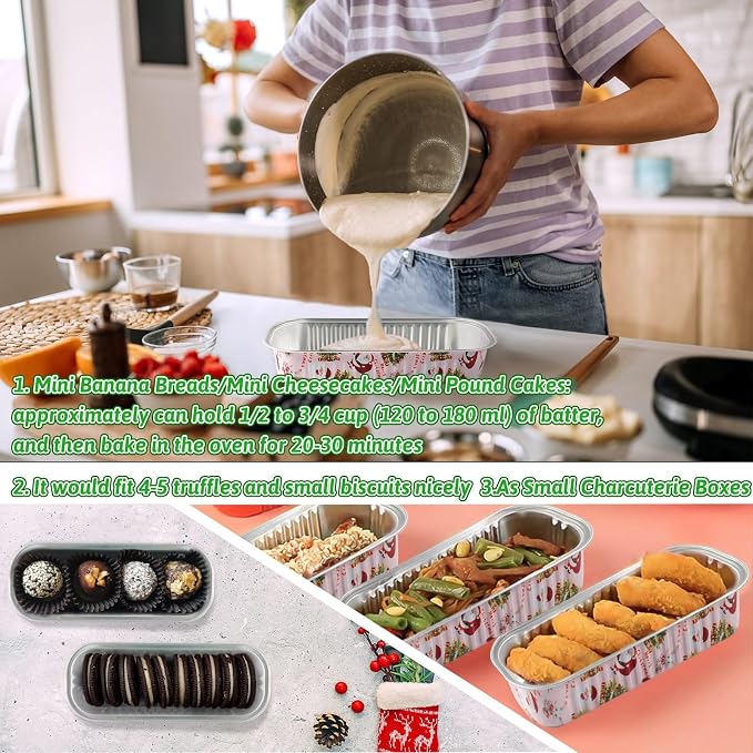 50Pack Pink Christmas Mini Loaf Pans with Lids Mini Cake Pans with Lids and Spoons, 6.8Oz Aluminum Foil Pans Tins, Individual Dessert Cups Containers for Sales,Party,Picnics
