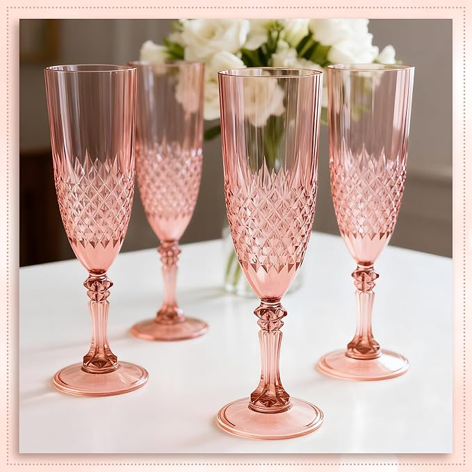 Plastic Champagne Flutes, Champagne Glasses Bulk, Reusable Unbreakable Acrylic Wine Glasses Goblets for Weddings Bachelor Parties Toasting Bridal Shower (24, Rose Gold)
