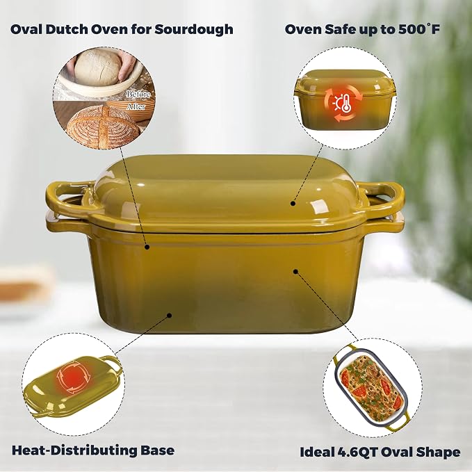 4.6 Quart Dutch Oven for Bread Baking, Combo Oval Enameled Cast Iron Bread Pan with Lid, Sourdough Bread Dutch Oven for a Crispy Crust, Olive