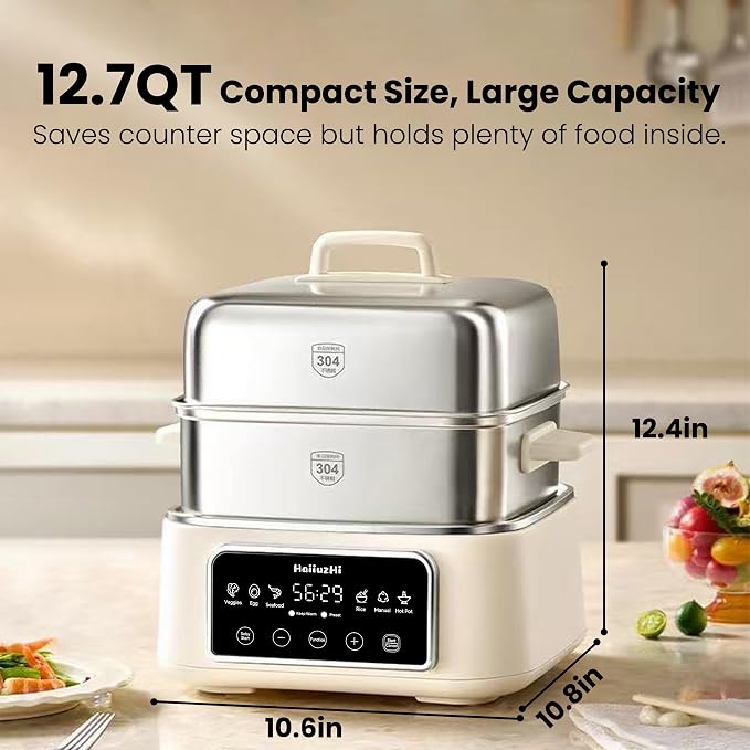 Electric Food Steamer 12.7 QT, Double-Tier 8-in-1 Vegetable & Meal Steamer, Stainless Steel, Timer & Keep Warm, Boil-Dry Protection, Healthy Cooking Kitchen Steamer