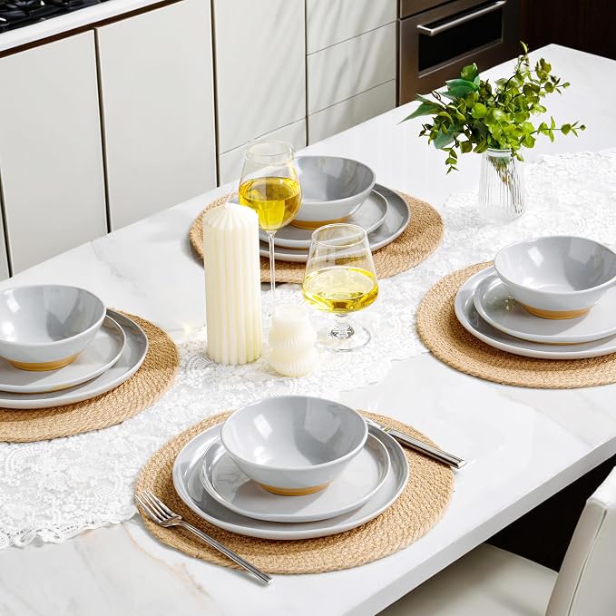 12-Piece Melamine Dinnerware Set for 4, Unbreakable Plates and Bowls, Dinner Dishes Set for Patio, RV and Camping, Dishwasher Safe