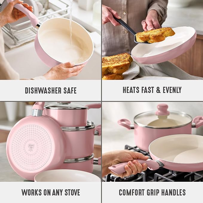 GreenLife 16-Piece Nonstick Cookware Set, Non-Toxic Ceramic Pots and Pans Set, Durable Healthy Kitchen Essentials, Fast Heating, Induction Ready, Easy Clean Dishwasher Safe, PFAS-Free, Blush Pink