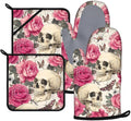 Skull Rose Oven Mitts and Pot Holders Sets 4Pcs Silicone Non-Slip Mitts Heat Resistant Gloves Hot Pads for Kitchen Cooking Baking Grilling BBQ