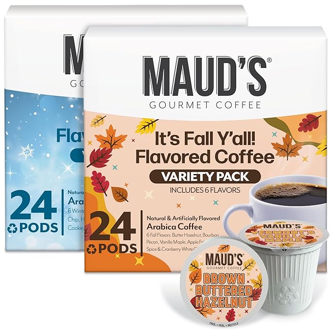 Maud’s Holiday & Fall Flavored Coffee Pods Variety Pack Bundle, 48ct, 11 Assorted Seasonal Flavors, Medium Roast Coffee in Single Serve Pods 100% Arabica Coffee, Compatible with Keurig K Cups Maker