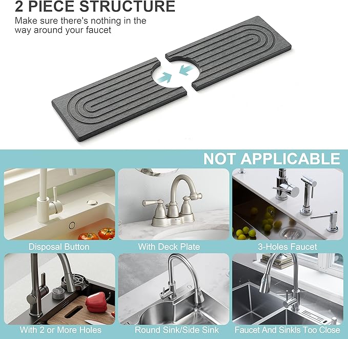 Faucet Mat for Kitchen Sink, Diatomite Fast Drying Stone Sink Tray, Super Absorbent, Prevents Moisture Buildup - Faucet Splash Guard for Bathroom Counter, Kitchen [Dark Grey, 15.8" x 3.9"]
