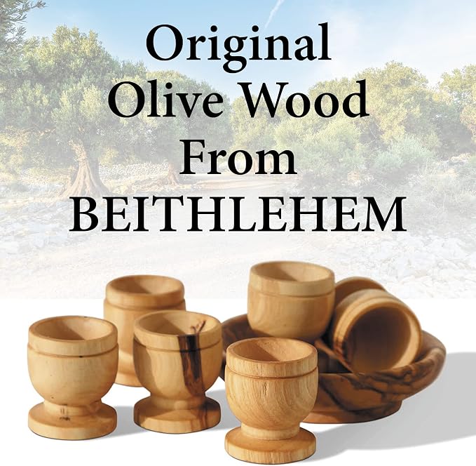 Olive Wood Communion Set, 6 Mini Cups & Plate – Family Worship Kit Handmade in Bethlehem – Traditional Holy Land Gift – Authentic Christian Decor