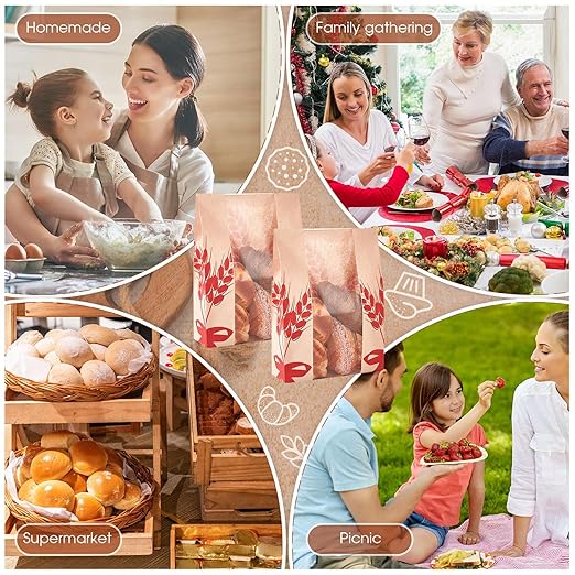 Gueevin 50 Pcs Kraft Paper Bread Bag for Homemade Bread Large Sourdough Loaf Bag with Clear Window Bakery Food Package Storage with 500 Pcs Sticker for Popcorn Cookies, 14x8.3x3.2''