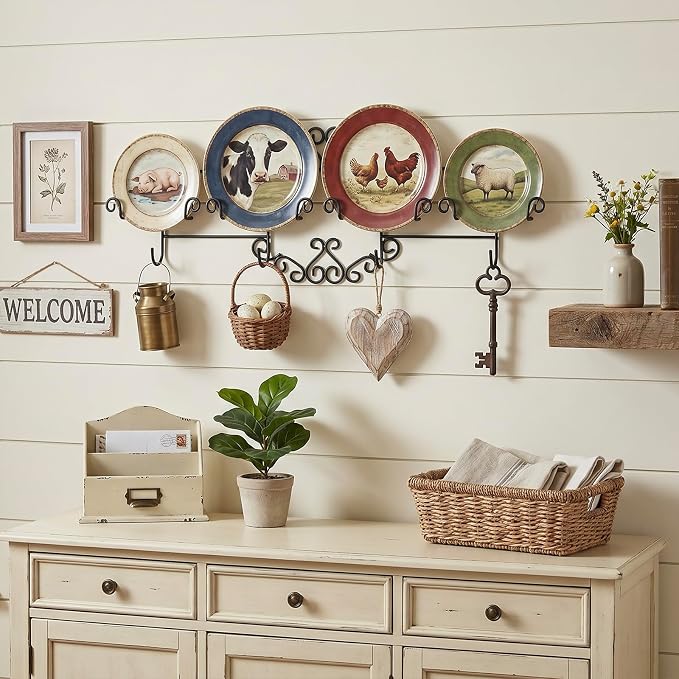 MyGift Vintage Scrollwork Black Metal Wire Tea Coffee Cup and Saucer Set Rack, Wall Mounted Decorative Display Shelf Holds Up to 4 Collectible Plates & Mugs