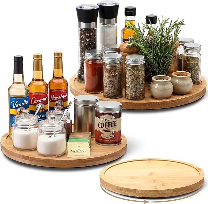 Novabright 3 Set 12'' 10'' 9'' Bamboo Lazy Susan Rotating Turntable Organizer Wooden 360 Degree Large Kitchen Tray for Counter Pantry Spice Pepper Olive Oil Table Organization and Storage