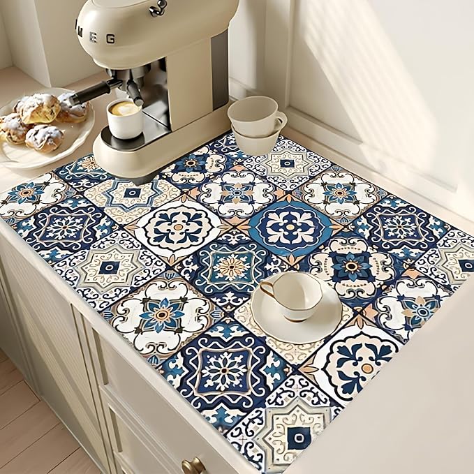 2Pcs Dish Drying Mats Faucet Mats Sets Large Size Coffee Mats Sink Faucet Mat Splash Guard for Kitchen Counter Bathroom Sink Coffee Bar Kitchen Decor (Blue Boho, 18"x24" 15" x 5.5"Set)