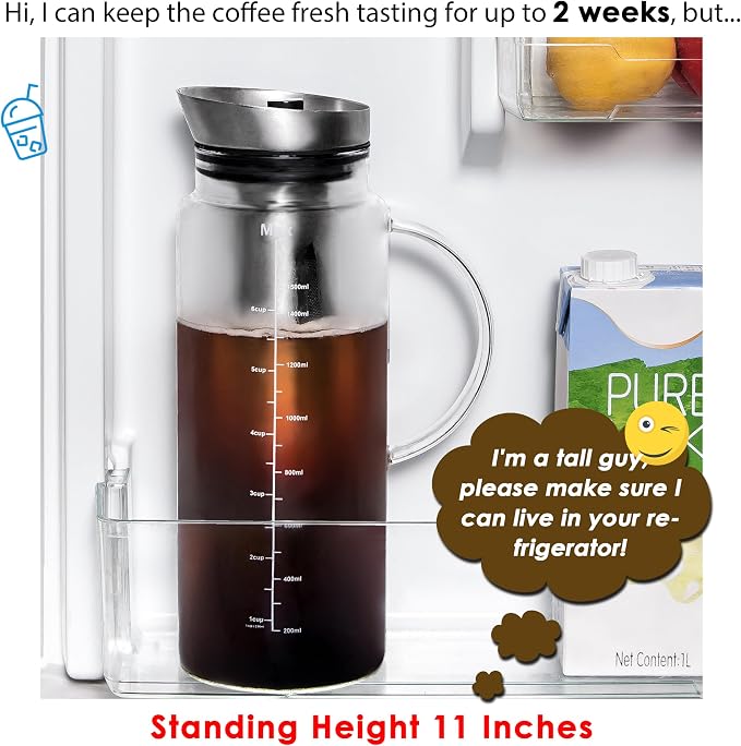 Aquach 51oz Cold Brew Coffee Maker, Borosilicate Glass Pitcher for Iced Tea | Dishwasher Safe, Family Size, Up to 2 Weeks Fresh Aroma, Refrigerator Fit, 304 Stainless Filter