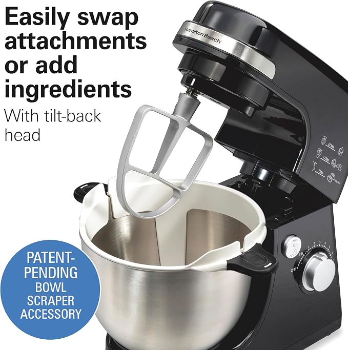 Hamilton Beach 4 Quart Electric Stand Mixer With 7 Speeds | Planetary Mixing For Full Bowl Coverage | Bowl Scraper | Splash Guard | 300 Watts | Whisk, Flat Beater, Dough Hook | Black