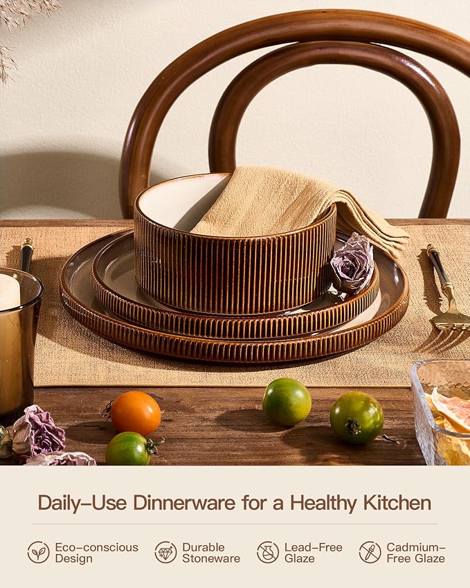Stoneware Plates and Bowls Dishes Sets Service for 6 (18-Piece), Famiware Premium Handcrafted Reactive Glaze Dinnerware Set with Raised Rim, Scratch Resistant, Microwave Dishwasher Safe, Cream Cocoa