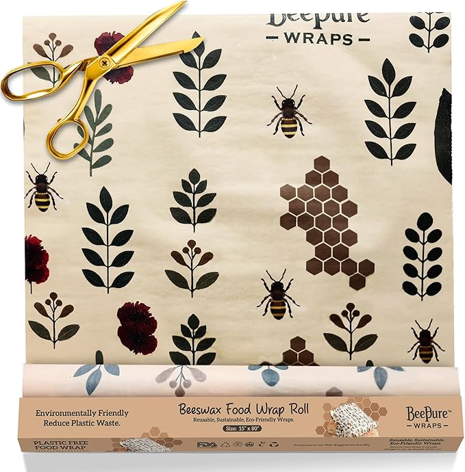 BeePure Reusable Beeswax Food Wrap - Eco-Friendly, Sustainable Wrap Roll (15"x80") - Plant & Bee Pattern for Food Storage