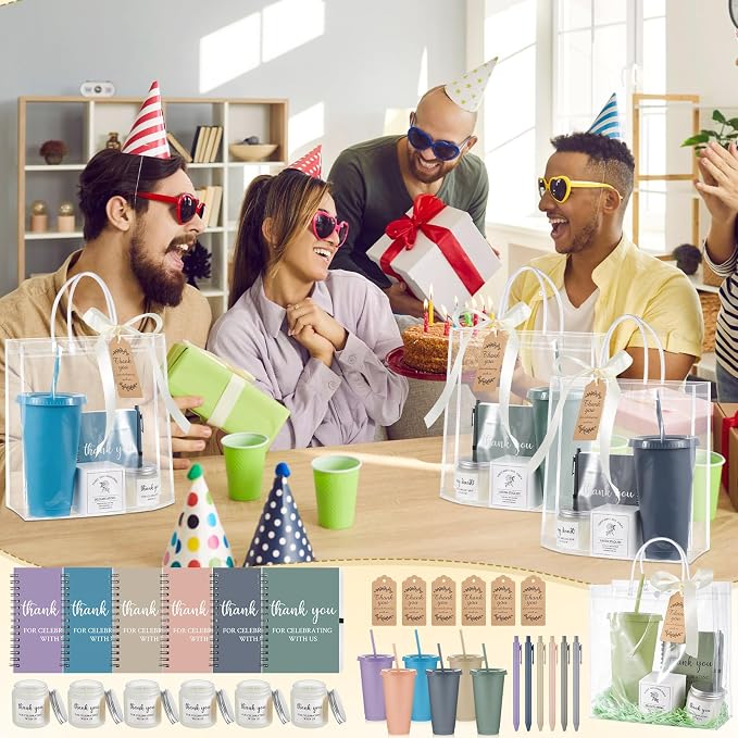 Nuogo 6 Sets New Parent Shower Prizes for Player Winners Adult, Wedding Bridal Shower Gift, Plastic Tumbler Notebook Scented Candle Ballpoint Pen Bag (Light Morandi Color,Classic Style)