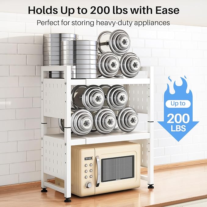 Expandable Microwave Stand, Heavy Duty 3-Tier Adjustable Microwave Oven Rack with 8 Hooks & 2 Holders, Space-saving Kitchen Counter Shelf for kitchen organizers and storage, 200lbs Capacity, White