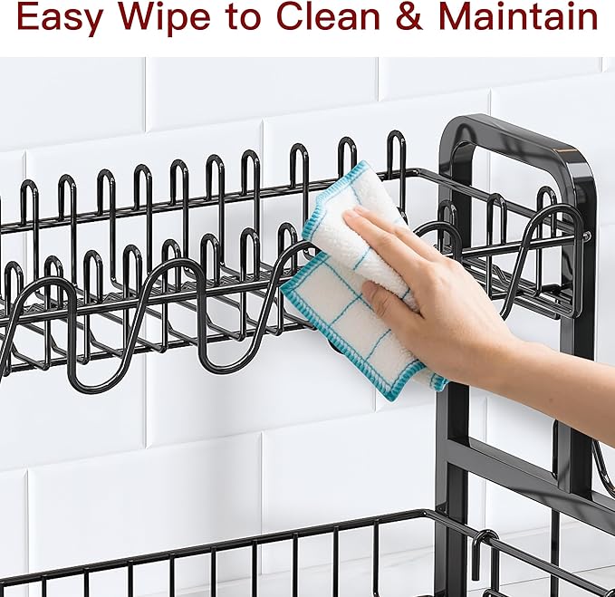 2 Tier Black Dish Drainer Drying Rack for Kitchen Counter, Large Stainless Steel Dishes Dryer with Drainboard, Space Saving, Big Rustproof Metal Modern Countertop Plates Strainer with Utensil Holder