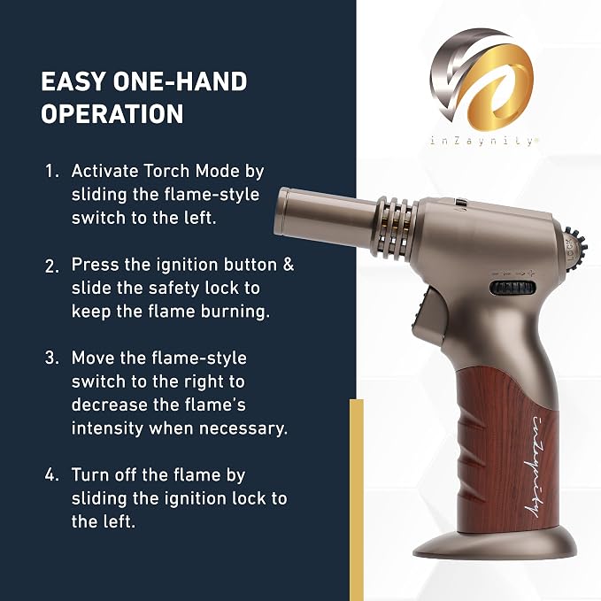 Dual Flame Butane Torch - Refillable Handheld Blow Torch for Cooking, Soldering, & Resin Art w/Adjustable Flame & Ignition Lock - Kitchen Blow Torch & Luxurious Gift Box by inZaynity® - Brown Steel