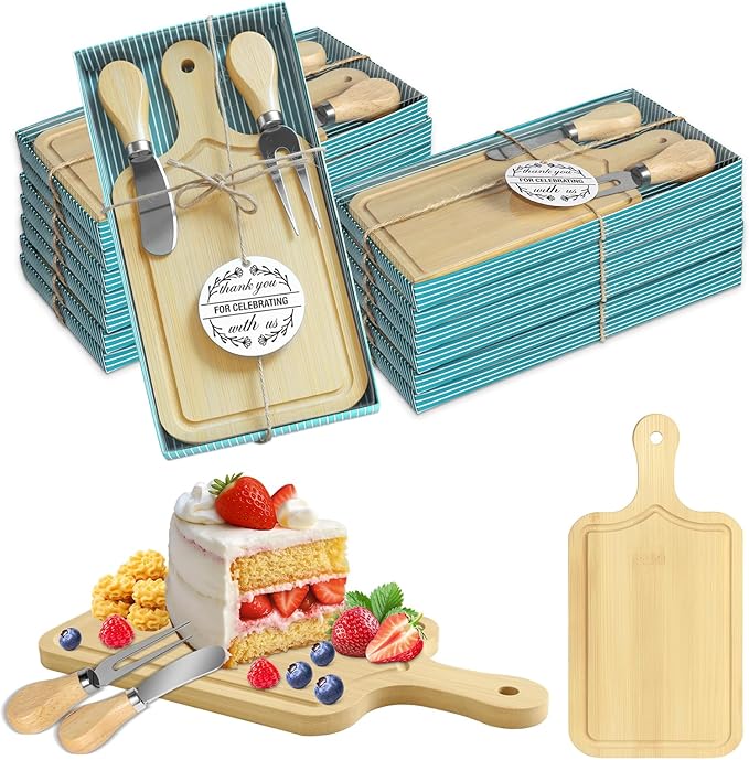 AZEAM 12 Sets Baby Bridal Shower Prizes for Game Winners, Bamboo Mini Cheese Board Set with Knife Fork and Present Box, Small Charcuterie Board Bulk for Party Wedding Guests Present