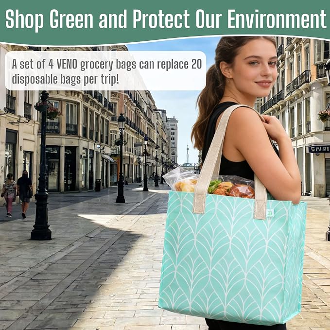 VENO 4 Pack Reusable Grocery Shopping Bags, Heavy-Duty Tote Bags with Handles, for Shopping Cart with Hard Bottom to Stand Upright, Foldable (Evergreen, 4 Pack)