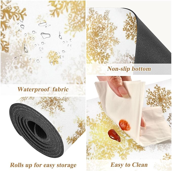 2 in 1 Table Runner Trivet for Hot Pots and Pans Heat Resistant Non Slip Waterproof 39 x 12 Inch Decorative Table Protector for Kitchen Countertop Yellow Gold Snowflake