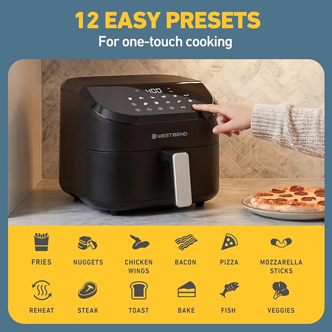 West Bend Digital Air Fryer 4.5 Qt Compact with 12 Presets, Adjustable Temperature for Quick Crispy Meals, Nonstick Easy Clean Basket and Shake Reminder, 1500W, in Black/Silver