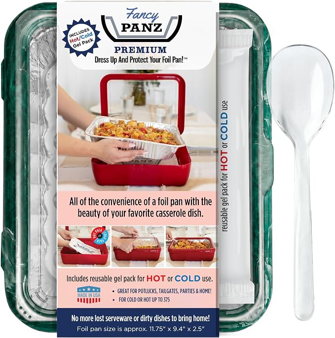 Fancy Panz Green Marble Premium Aluminum Foil Pan Carrier with Secure Latch Lid & Hot/Cold Gel Pack - Made in USA Reusable Casserole Carrier for Half Size Pans - Food Transport Holder for Entertaining