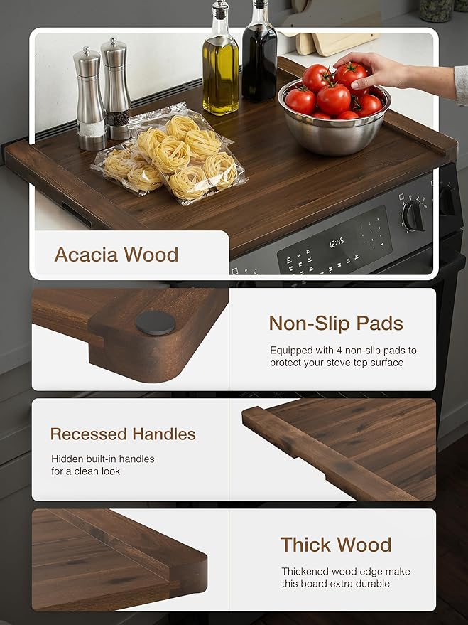 TIDITA Acacia Wooden Stove Top Cover - 29.5x21.7 Noodle Board Stove Cover - Stove Top Cover For Gas Stove, Electric Stove - Gas Stove Cover Board with Recessed Handles, No Assembly (Walnut color)