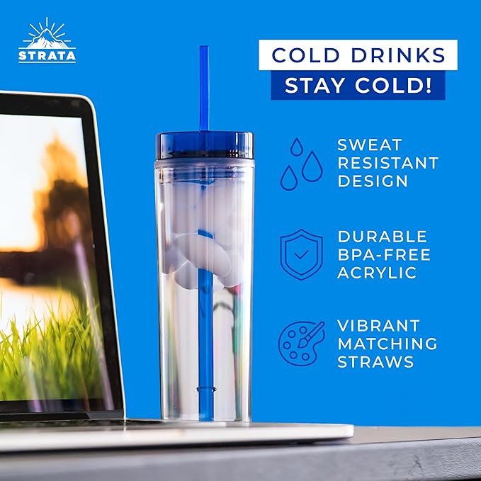 STRATA CUPS 12 Colored Skinny Tumblers with Lids and Straws | 16oz Reusable Cup Double-Wall Clear Tumbler with Lid and Straw, Durable Acrylic Tumblers With FREE Straw Cleaner & Name Tags