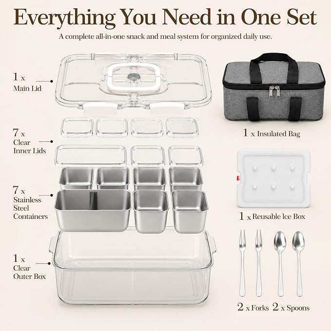 Snackle Box Container with Ice Pack, 304 Stainless Steel Snackle Box Set | 7-piece set, stainless steel, ice pack, insulated bag, fork & spoon, customizable divider system, flexible configuration