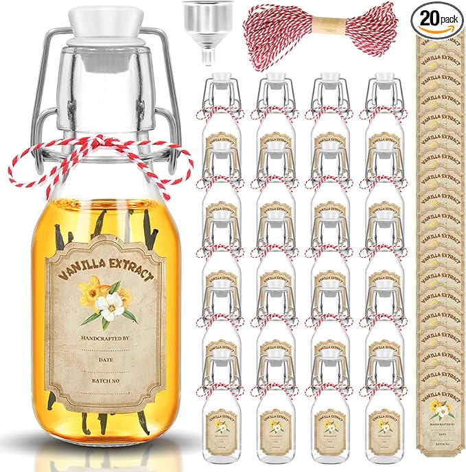 20 Pack Swing Top Glass Vanilla Extract Bottles 4 oz with Lids, Funnel and Vanilla Extract Labels, Boston Vanilla Bottles for Syrup Gift, Flip Top Glass Jars