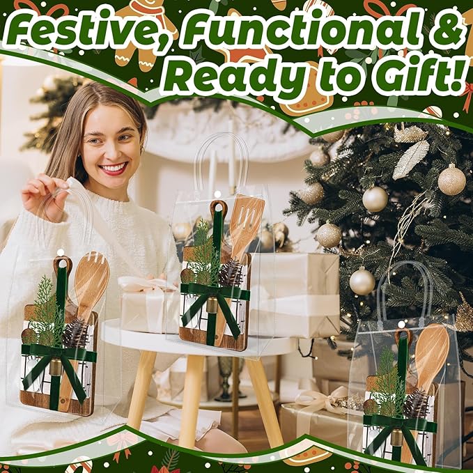 12 Set Christmas Gift Kitchen Utensils Set Acacia Spatula Mini Cheese Board Pine Cones for Christmas Kitchen Holiday Gift Party Decor Neighbor Employee Baking Gift Xmas Cooking Supplies