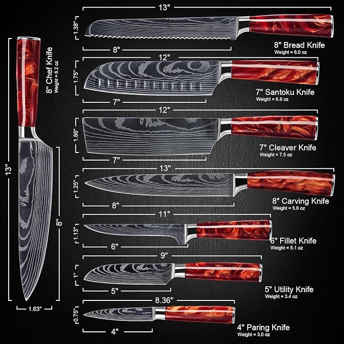 SENKEN 8-Piece Japanese Knife Set with Red Resin Handle and Laser Damascus Pattern - Crimson Collection - Chef's Knife, Cleaver, Santoku, Bread Knife, Paring Knife, & More (Crimson Red)
