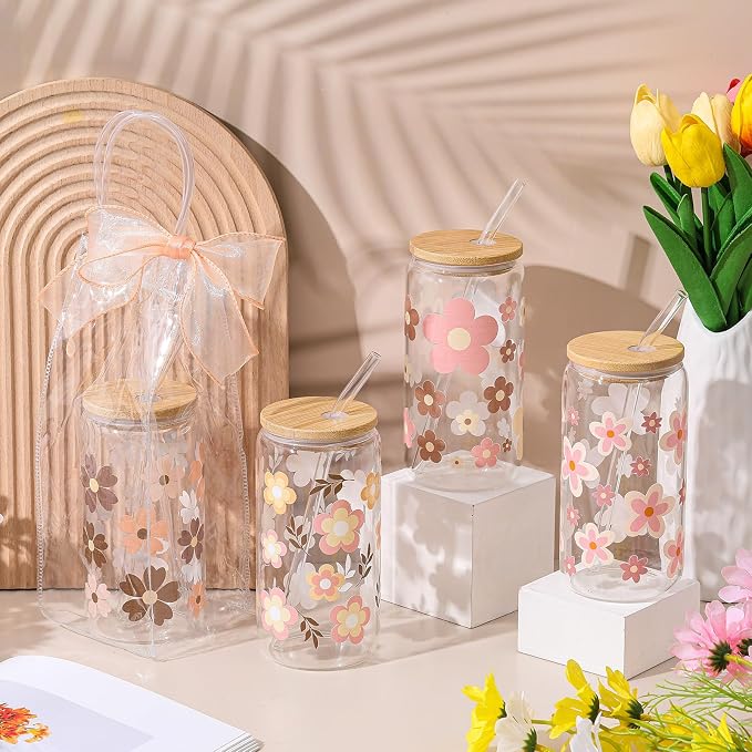 Mumufy 8 Sets Cute Boho Glass Cups with Clear Gift Bag 16 oz Reusable Pink Iced Coffee Mugs Aesthetic Cute Tumbler with Lids and Straws, Gifts for Girls Women Bridesmaid