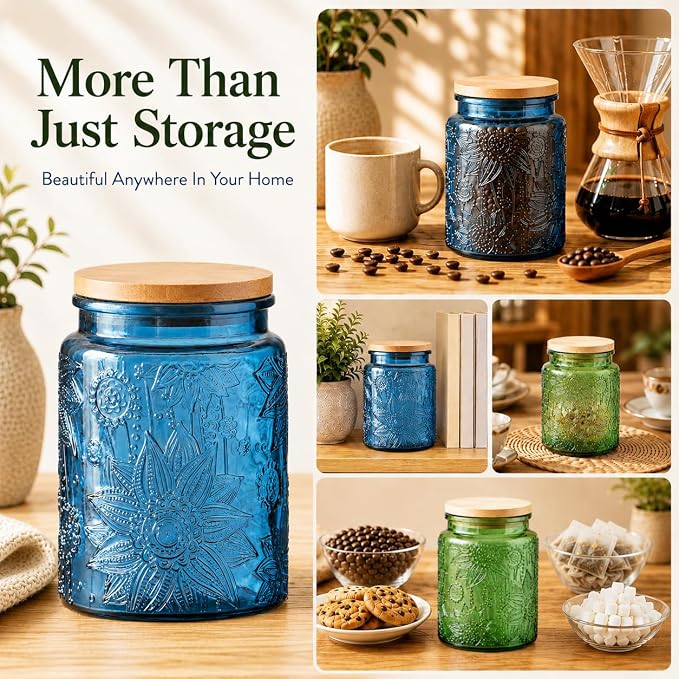 Set of 2 Vintage Glass Canisters with Bamboo Lids, 23.7 oz Embossed Glass Storage Jars, Airtight Food Containers for Coffee Beans, Tea, Sugar, Cookies, Candy, Kitchen Counter Decor, Blue & Green