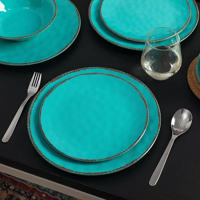 LEHAHA Rustic Melamine Dinnerware Sets, 12-piece Dishes Plastic Dinnerware Set for 4, Break-resistant Plates and Bowls Set, Outdoor Casual & Party Use Kitchen Dishes Set, Teal…