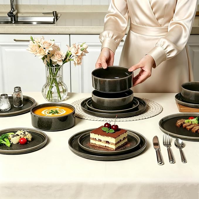Stoneware Dinnerware Sets, Plates and Bowls Set for 4, 12-Piece Modern Stoneware Dinnerware – Chip Resistant, Non-Toxic, Dishwasher and Microwave Safe Tableware，Glossy Black