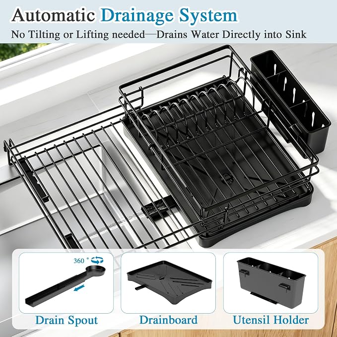 Expandable Dish Drying Rack for Kitchen Counter, Large Capacity Dish Rack with 360° Rotatable Drain Spout & Utensil Holder, Stainless Steel Dish Drainer for Kitchen Sink, Black