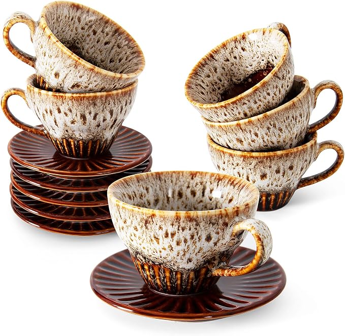 2 oz Espresso Cups Set of 6, Ceramic Cappuccino Cups with Saucers, Stackable Coffee Cup for Macchiato, Single shot, Tea, Coffee Lover Gifts, Glazed White