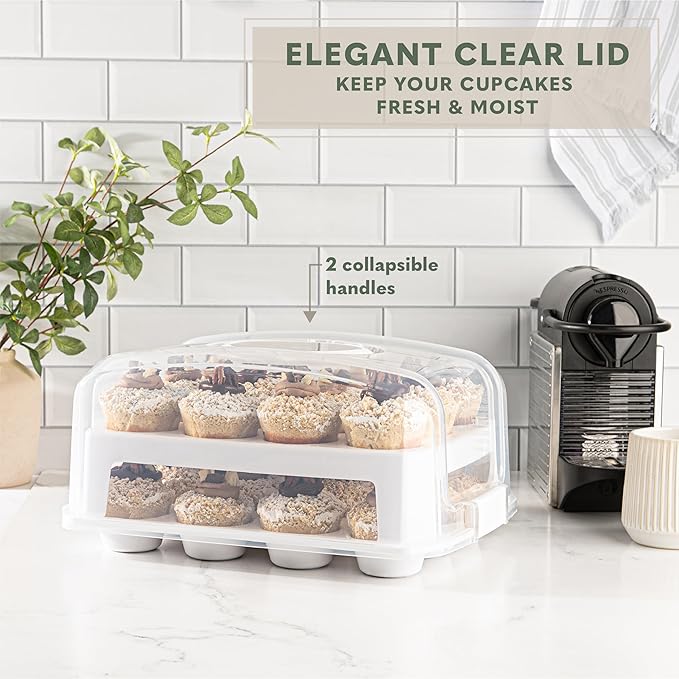 EXTRA TALL DOME Cupcake Carrier, White Cupcake Holder Carries 24 Cupcake Storage Container, Muffin Traveler Two Tier Stand Reusable Cupcake Box