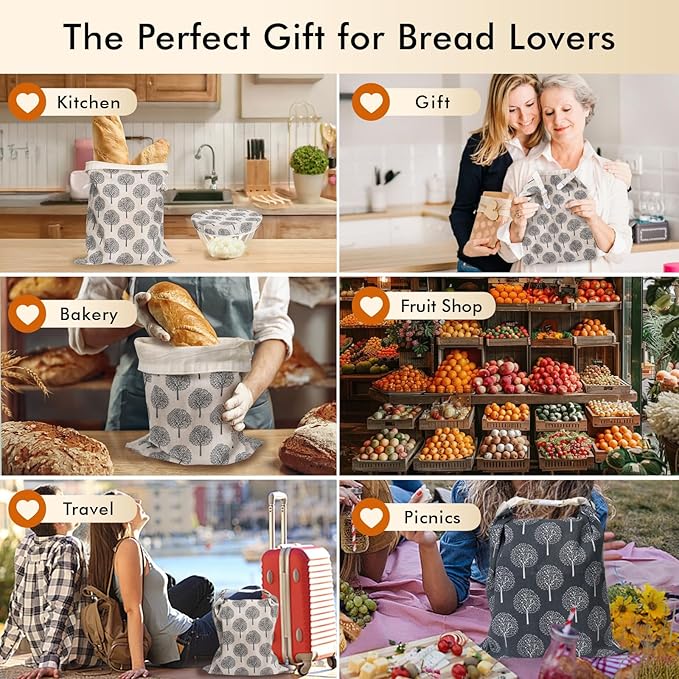 Sourdough Bread Bags & Proofing Bowl Covers, 2 Pack Reusable Beeswax Bread Bag with Cotton Sourdough Bowl Cover, Bread Bags for Homemade Bread to Keep Fresh Longer