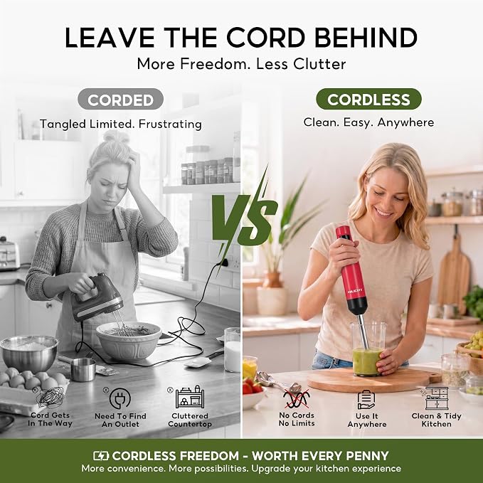 Cordless Immersion Blender, 3-in-1 Hand Blender with Charger | Blend Anywhere: Wall Charger, Brushless Motor, Whisk & Frother, 60+ Bowls, Smoothies, Soup, Baby Food