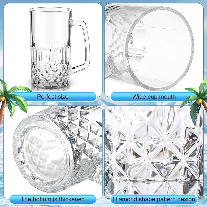 Reallnaive 10 Pack 32 oz Beer Mugs for Oktoberfest Freezer Glass Beer with Handles Mugs Steins German Large Heavy Cups for Men Drinking Gifts (Diamond Style)