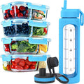 FIT Strong & Healthy 2 & 3 Compartment Glass Meal Prep Containers (4 Pack, 32 oz) and 32 oz Glass Water Bottle with Straw Lid, Time Marker, Sleeve & Extra Lid Bundle