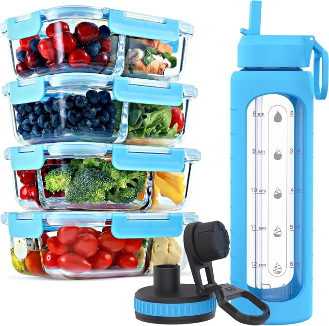 FIT Strong & Healthy 2 & 3 Compartment Glass Meal Prep Containers (4 Pack, 32 oz) and 32 oz Glass Water Bottle with Straw Lid, Time Marker, Sleeve & Extra Lid Bundle