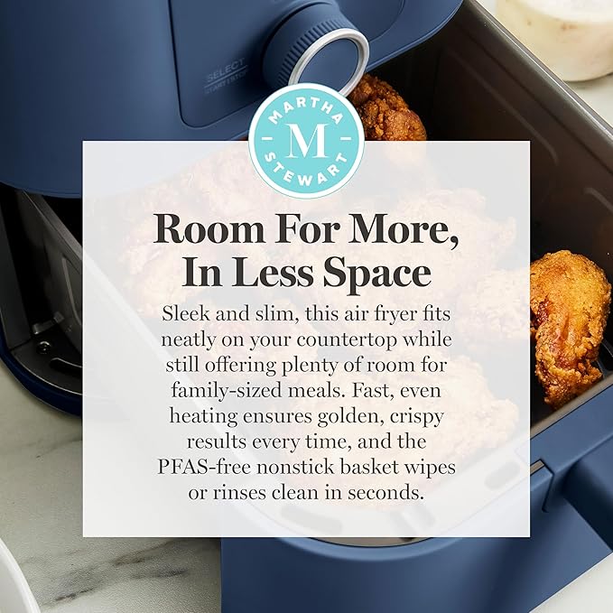 Martha Stewart 6QT Air Fryer, 6-in-1, Bake, Broil, Roast, Air Fry, Dehydrate, Reheat, Ceramic Non-Stick Basket, Crispy Results Fast, 400°F Max Temp, Shake Reminder, Auto Shut-Off, Indigo Blue