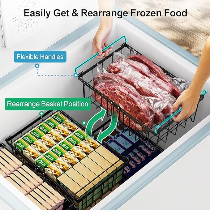 iSPECLE 4 Pack Freezer Organizer Bins - Fit 10 to 20 Cu.Ft Deep Freezer, Expandable Wire Storage Chest Freezer Baskets for Frozen Food, Stackable with Handles, Black