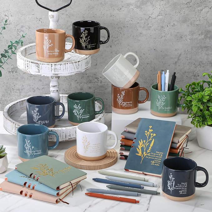 Didaey Employee Appreciation Gifts Set 13oz Boho Floral Ceramics Coffee Mug with A6 Leather Notebooks Ballpoint Pen Bulk Thank You Gift for Employee Coworker Staff Team Teacher (10 Sets, 10 Colors)