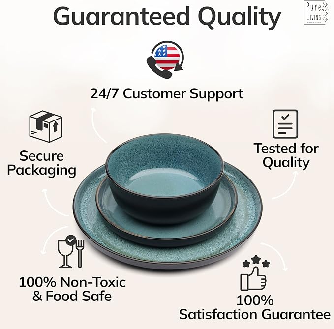 24 Piece Stoneware Dinnerware Set for 6 - Handmade Reactive Glaze Plates and Bowls Set - Chip & Scratch Resistant Dish Set - Dishwasher Microwave Safe - Dark Petrol Blue